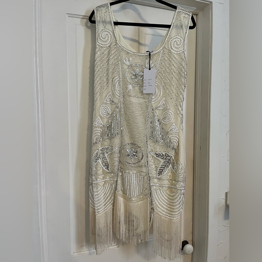 Elegant Silver and Cream Beaded Fringe Dress